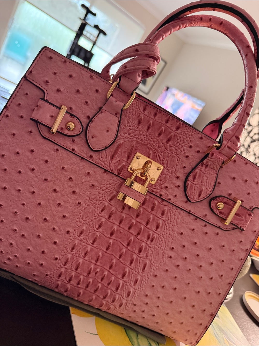 Structured Pink Croc & Ostrich-Embossed Top-Handle Satchel with Gold Hardware